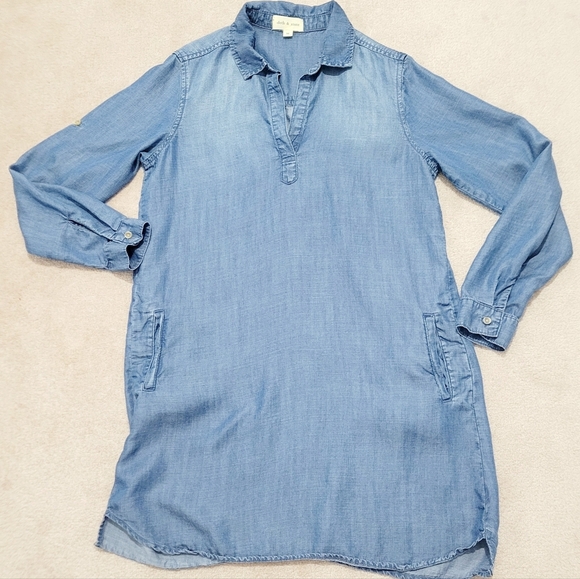 Cloth & Stone Women Chambray Tunic Dress Sz Medium Roll Tab Sleeve Anthropology - Picture 6 of 11